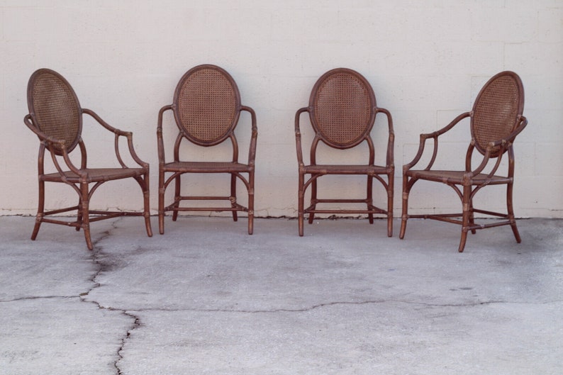 Authentic Set of 4 McGuire Rattan Cane Back Arm Chairs Organic Modern Palm Beach Hollywood Regency afbeelding 9