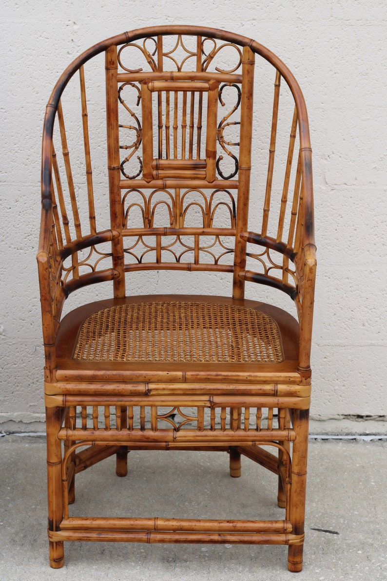 High Back Vintage Brighton Pavilion Style Burnt Bamboo Armchairs, a Pair image 4