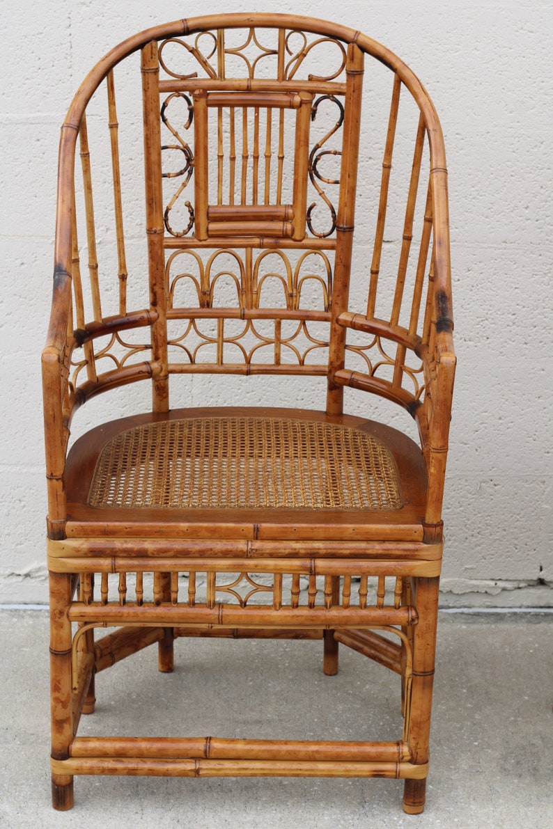 High Back Vintage Brighton Pavilion Style Burnt Bamboo Armchairs, a Pair image 3