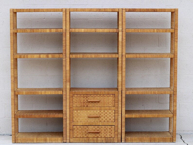 Vintage 3-Piece Billy Baldwin Style Woven Rattan Etagere Wall Unit image 2