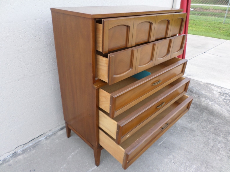 VVH Vintage Mid Century Modern Chest Of Drawers Dixie Mid Century Modern Highboy Mid Century Modern Tall Dresser With Arch Pattern Cutout