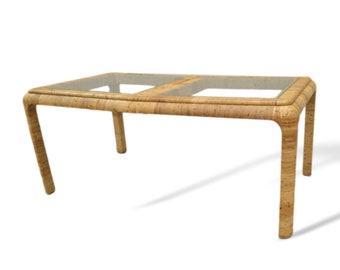Vintage Danny Ho Fong Style Rattan Wrapped Waterfall Top Dining Table with Extension Leaf
