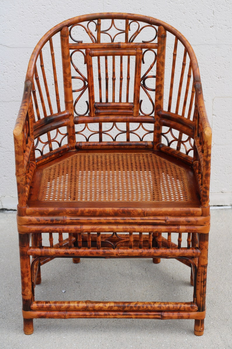 Vintage Brighton Pavilion Style Burnt Bamboo Tortoiseshell Arm Chairs, a Pair image 2