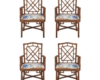 Lexington Bamboo Rattan Fretwork Dining Arm Chairs, a Set of 4