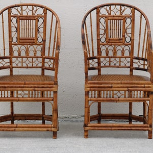 High Back Vintage Brighton Pavilion Style Burnt Bamboo Armchairs, a Pair image 2