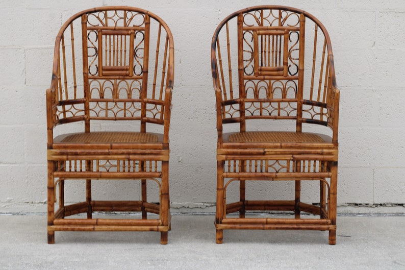 High Back Vintage Brighton Pavilion Style Burnt Bamboo Armchairs, a Pair image 2