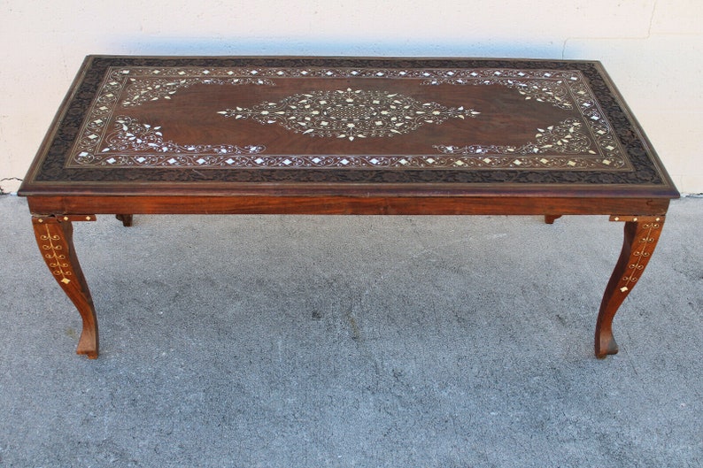 Vintage Anglo Indian Carved and Inlaid Rosewood Coffee Table image 5
