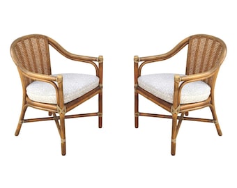 Authentic Pair of McGuire Rattan Caned Back Accent Armchairs Dining Chairs, Organic Modern