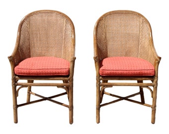 Pair of Authentic McGuire Rattan Caned Barrel Back Arm Chairs