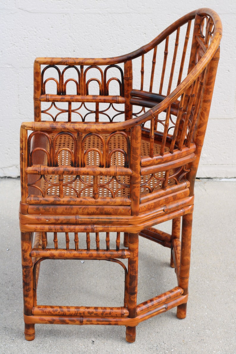 Vintage Brighton Pavilion Style Burnt Bamboo Tortoiseshell Arm Chairs, a Pair image 6