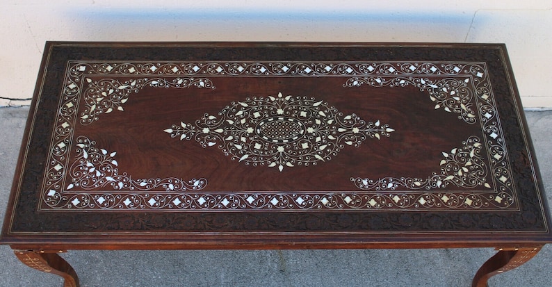 Vintage Anglo Indian Carved and Inlaid Rosewood Coffee Table image 7