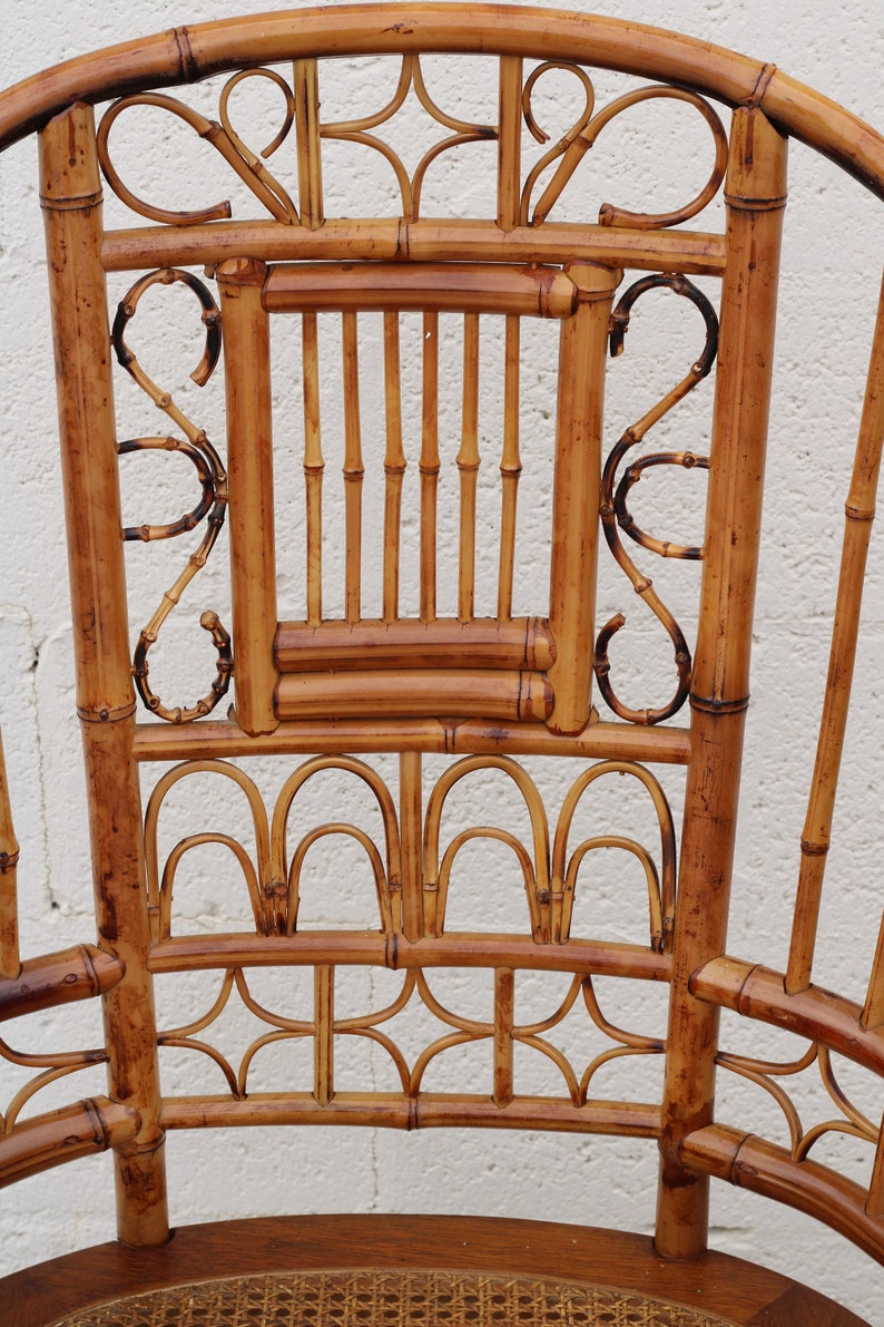 High Back Vintage Brighton Pavilion Style Burnt Bamboo Armchairs, a Pair image 6