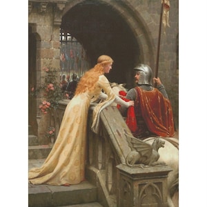 May include: A woman in a gold gown stands on a stone staircase, looking at a knight in armour on horseback. The knight is holding a red cloth in his hand, and the woman is reaching out to take it. The scene is set in a medieval castle, with a stone archway and a flag flying in the background.