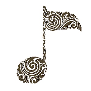 May include: A brown musical note with a decorative, swirling design. The note is made up of intricate swirls and curves.