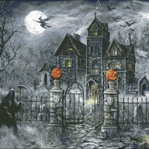 May include: A spooky Halloween scene with a large, dark house with lit jack-o'-lanterns on the front porch. A black cat walks on a stone path in front of the house, and a figure in a black robe stands near a wrought iron gate. The house is surrounded by a cemetery with tombstones and a full moon hangs in the sky.
