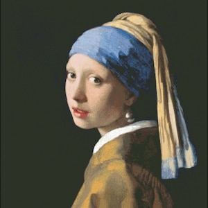 May include: A painting of a young woman wearing a blue and yellow headscarf with a pearl earring. The woman is looking to the left of the viewer and has a soft expression on her face.