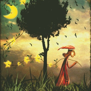 May include: A whimsical illustration of a person in a red robe walking through a field with a stick. The stick is adorned with a string of glowing stars. A crescent moon and a tree are in the background.