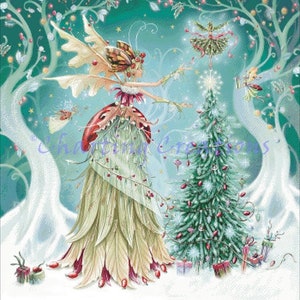 May include: A fairy with green and red wings and a green and red dress decorates a Christmas tree with red ornaments. The fairy is surrounded by a snowy forest with white trees.