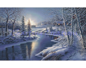 May include: A snowy winter scene with a river winding through a forest.  The trees are covered in snow and there are houses in the distance.  The sky is a light blue and the sun is setting.