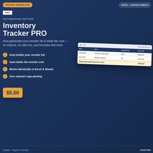 Könnte beinhalten: Inventory Tracker PRO digitale Tabellenkalkulationsvorlage für Excel und Google Sheets. Zu den Funktionen gehören das automatische Erstellen von Nachbestellungslisten, das Summieren von Kosten und eine formelbasierte Automatisierung.