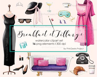 Breakfast at Tiffanys Watercolor Clipart Set