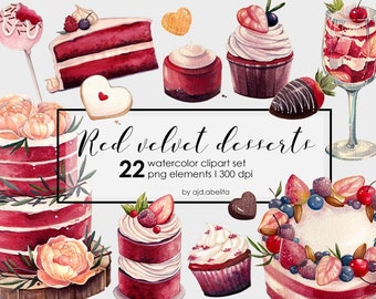 Red Velvet Cake Watercolor Clipart Set (PNG, Digital Download)
