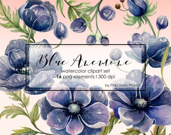 Blue Anemone Watercolor Clipart Set (Digital Download)