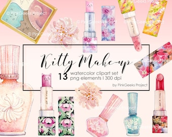 Kitty Makeup Watercolor Clipart Set (PNG Digital Download)