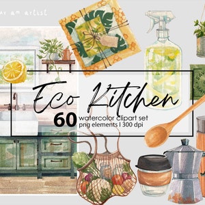 ECO KÜCHE Elemente - Aquarell Clipart set Illustration Printable PNG digitale Aufkleber Wandkunst - persönliche und kleine kommerzielle Nutzung