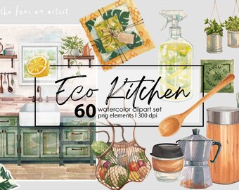 Eco Kitchen Watercolor Clipart Set: Zero Waste PNG Stickers (Digital Download)