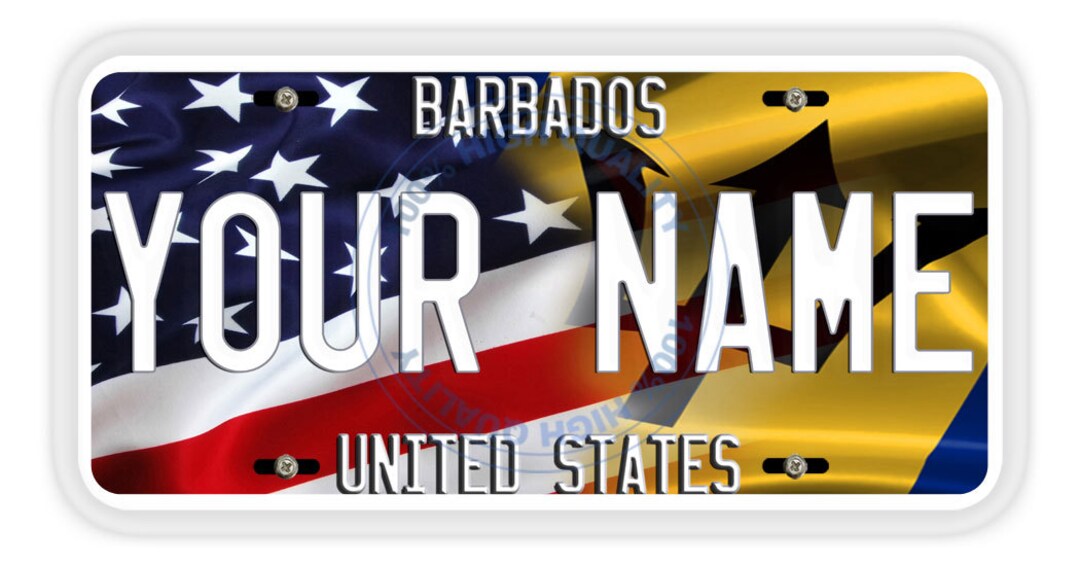 Personalized License Plate Mixed USA and Barbados Flag Vanity Tag