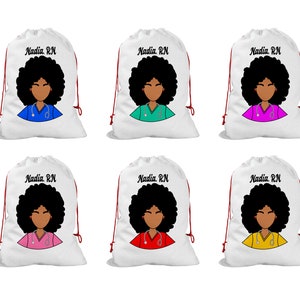 Personalized Gift Wrap Bag Custom Name Scrubs Beautiful Brown African American Nurse Santa Sack