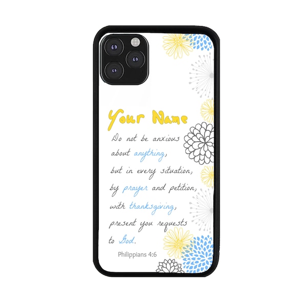 Personalized Name Bible Verse Philippians 4-6 on Yellow Blue Floral Phone Case for iPhone 6 7 8 Plus X XS 11 12 13 14 15 Plus Pro Max Mini