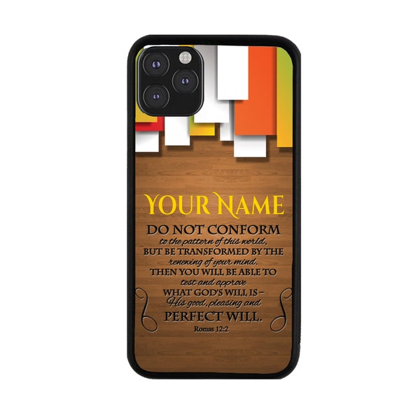 Personalized Custom Name Romans 12-2 Bible Verse on Wood Background Phone Case for iPhone 6 7 8 Plus X XS 11 12 13 14 15 Plus Pro Max Mini