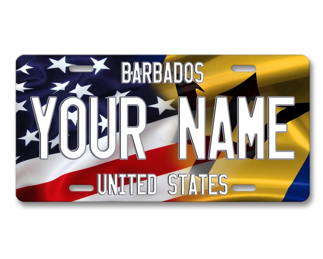 Personalized License Plate Custom Name Mixed USA and Barbados Flag