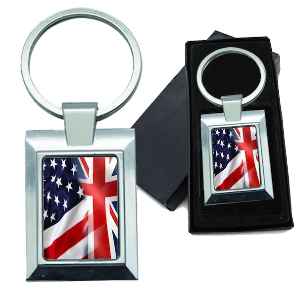 Keychain Mixed USA and United Kingdom Flag Rectangle Metal