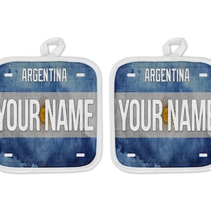 Personalized Oven Mitt and Potholder Set Custom Name License Argentina Flag Plate Linen