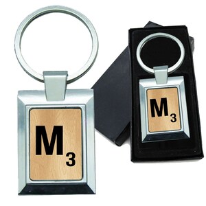 Keychain Monogram Wooden Letter M Rectangle Metal