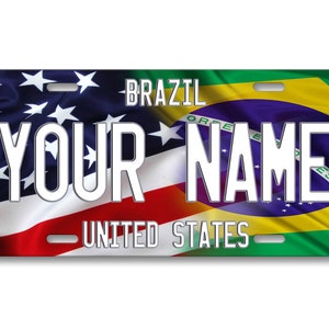 パーソナライズされたナンバープレートカスタム名混合米国とブラジルの国旗プレート - 車両、自転車、オートバイ、ゴルフカート、モペット