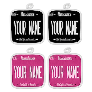 Personalized Oven Mitt and Potholder Set Custom Name Massachusetts State Pink Blackout Holiday 2021 License Plate Linen