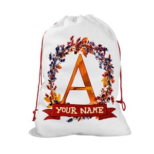 Bolsa de regalo personalizada Nombre personalizado Hermosa corona de otoño con nombre rojo Banner Monograma Carta Santa Sac