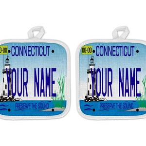 Personalized Oven Mitt and Potholder Set Custom Name Connecticut State License Plate Linen