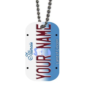 Personalized Military Dog Tag Necklace Custom Name Illinois License Plate Single Sided Metal  with Beaded Chain