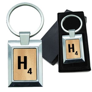 Keychain Monogram Wooden Letter H Rectangle Metal