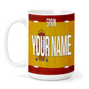 Personalized Mug Custom Name License Spain Flag Plate 15oz Ceramic Mug