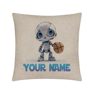 Personalized Pillow Cover Custom Name Futuristic Robot Basketball Player 15.75x15.75 inches Linen  - no insert