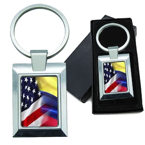 Keychain Mixed USA and Colombia Flag Rectangle Metal