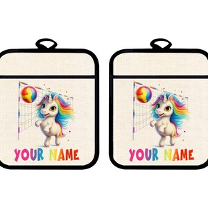 Personalized Oven Mitt and Potholder Set Custom Name Unicorn Volleyball Player Linen