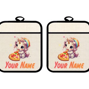 Personalized Oven Mitt and Potholder Set Custom Name Unicorn Eating Pizza with Candy Toppings Linen