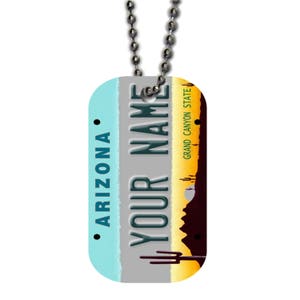 Personalized Military Dog Tag Necklace Custom Name Arizona License Plate Single Sided Metal  with Beaded Chain